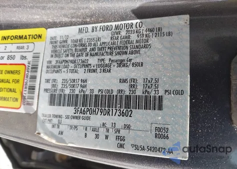 2013 Ford Fusion Se from USA, damaged, VIN 3FA6P0H79DR173602